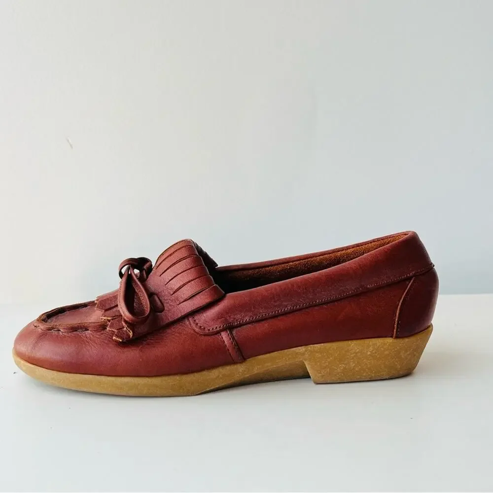 Vintage Red Brown Leather Fringe Moccasins Laced Wedge Rubber Sole Comfortable